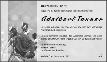 Traueranzeige von Adalbert Tanner von Südthüringer Presse