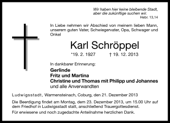 Traueranzeige von Karl Schröppel von Neue Presse Coburg