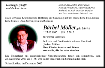 Traueranzeige von Bärbel Möller von Südthüringer Presse