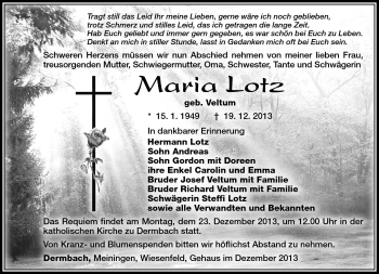 Traueranzeige von Maria Lotz von Südthüringer Presse