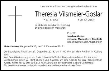 Traueranzeige von Theresia Vilsmeier-Goslar von Neue Presse Coburg