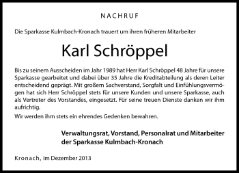 Traueranzeige von Karl Schröppel von Neue Presse Coburg