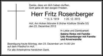 Traueranzeige von Fritz Rosenberger von Frankenpost