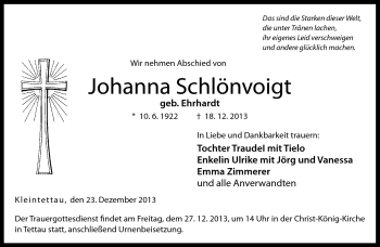 Traueranzeige von Johanna Schlönvoigt von Neue Presse Coburg