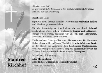 Traueranzeige von Manfred Kirchhof von Südthüringer Presse