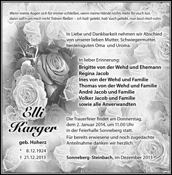 Traueranzeige von Elli Karger von Südthüringer Presse