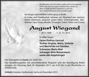 Traueranzeige von August Wiegand von Südthüringer Presse