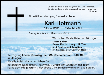 Traueranzeige von Karl Hofmann von Frankenpost