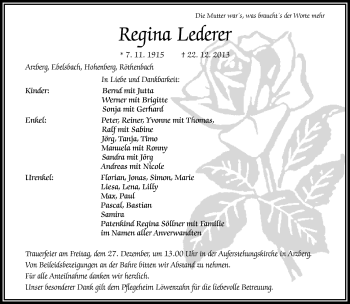 Traueranzeige von Regina Lederer von Frankenpost