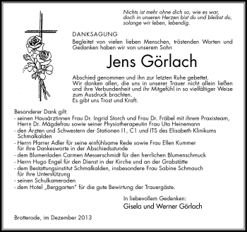 Traueranzeige von Jens Görlach von Südthüringer Presse