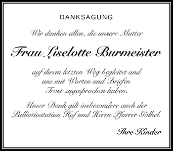 Traueranzeige von Liselotte Burmeister von Frankenpost