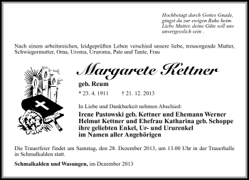 Traueranzeige von Margarete Kettner von Südthüringer Presse