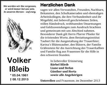 Traueranzeige von Volker Ißleib von Südthüringer Presse