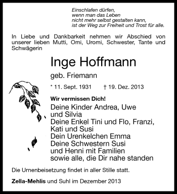 Traueranzeige von Inge Hofmann von Südthüringer Presse