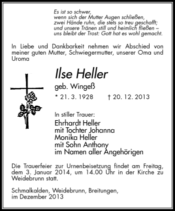 Traueranzeige von Ilse Heller von Südthüringer Presse