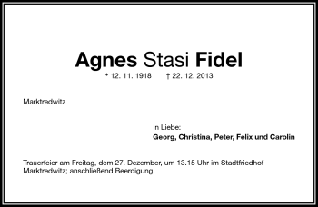 Traueranzeige von Agnes Stasi Fidel von Frankenpost