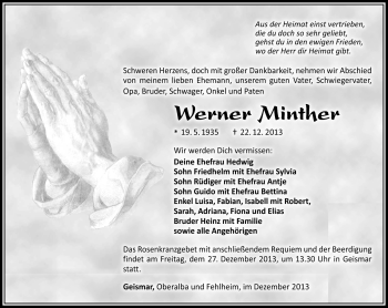 Traueranzeige von Werner Minther von Südthüringer Presse