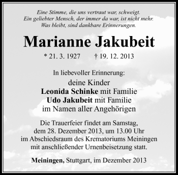 Traueranzeige von Marianne Jakubeit von Südthüringer Presse