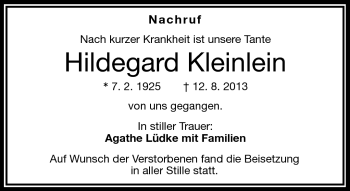 Traueranzeige von Hildegard Kleinlein von Frankenpost