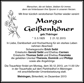Traueranzeige von Marga Geißenhöhner von Südthüringer Presse