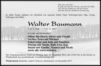 Traueranzeige von Walter Baumann von Südthüringer Presse