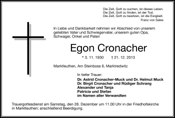 Traueranzeige von Egon Cronacher von Frankenpost