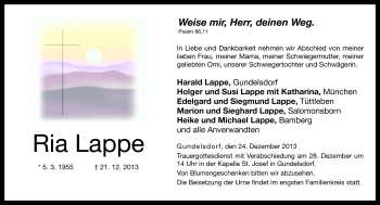Traueranzeige von Ria Lappe von Neue Presse Coburg