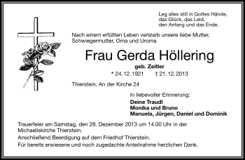 Traueranzeige von Gerda Höllering von Frankenpost