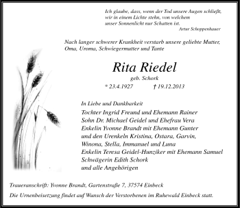 Traueranzeige von Rita Riedel von Südthüringer Presse
