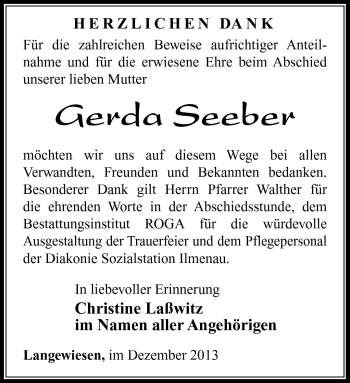 Traueranzeige von Gerda Seeber von Südthüringer Presse