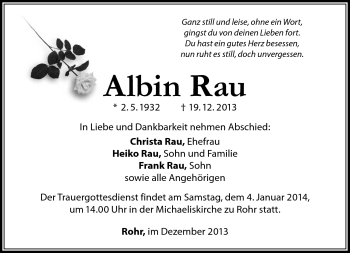Traueranzeige von Albin Rau von Südthüringer Presse