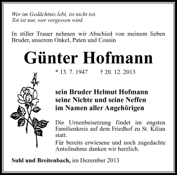 Traueranzeige von Günter Hofmann von Südthüringer Presse