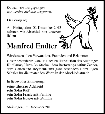 Traueranzeige von Manfred Endter von Südthüringer Presse