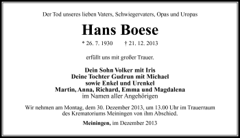 Traueranzeige von Hans Boese von Südthüringer Presse