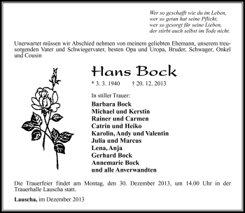 Traueranzeige von Hans Bock von Südthüringer Presse