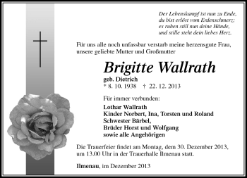 Traueranzeige von Brigitte Wallrath von Südthüringer Presse