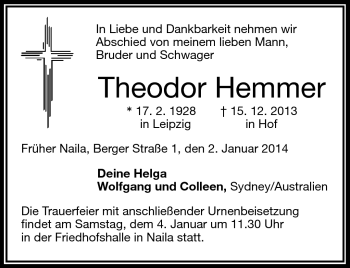 Traueranzeige von Theodor Hemmer von Frankenpost