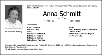 Traueranzeige von Anna Schmitt von Neue Presse Coburg
