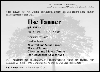 Traueranzeige von Ilse Tanner von Südthüringer Presse