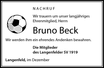 Traueranzeige von Bruno Beck von Südthüringer Presse