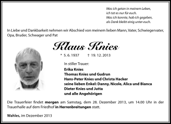 Traueranzeige von Klaus Knies von Südthüringer Presse
