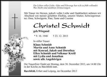 Traueranzeige von Christel Schmidt von Südthüringer Presse