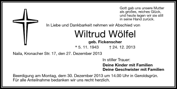 Traueranzeige von Wiltrud Wölfel von Frankenpost