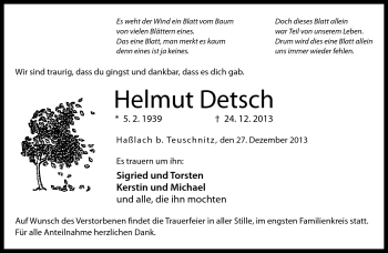 Traueranzeige von Helmut Detsch von Neue Presse Coburg
