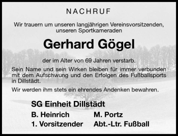 Traueranzeige von Gerhard Gögel von Südthüringer Presse