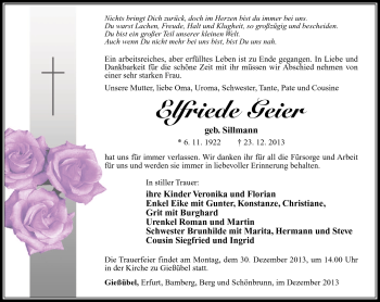 Traueranzeige von Elfriede Geier von Südthüringer Presse