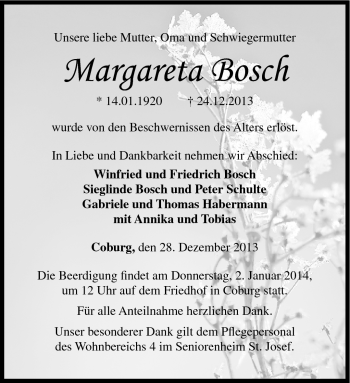 Traueranzeige von Margarete Bosch von Neue Presse Coburg