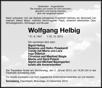 Traueranzeige von Wolfgang Helbig von Südthüringer Presse
