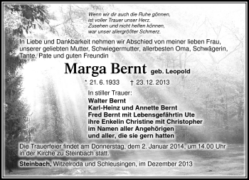 Traueranzeige von Marga Bernt von Südthüringer Presse