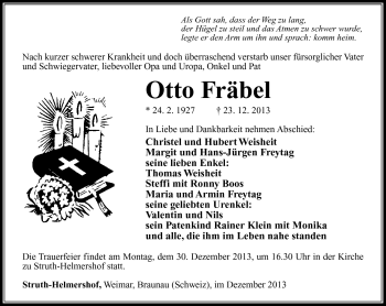 Traueranzeige von Otto Fräbel von Südthüringer Presse